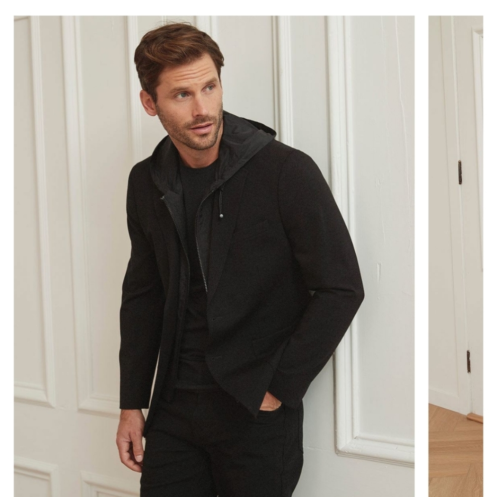 Men's blazer with removable hood.